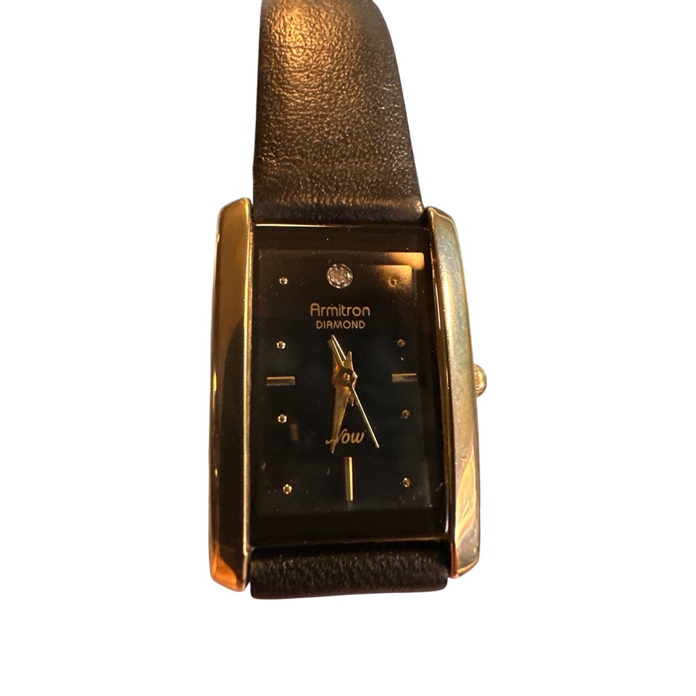 Armitron Diamond Now Womens Watch Gold Tone Black Leather Strap 75/3715GP Y121E